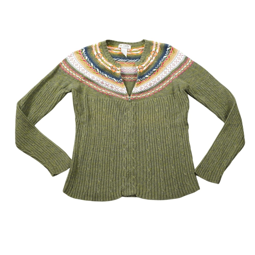Tiara International Green Fair Isle Cable Knit Zip Up Cardigan Sweater Small